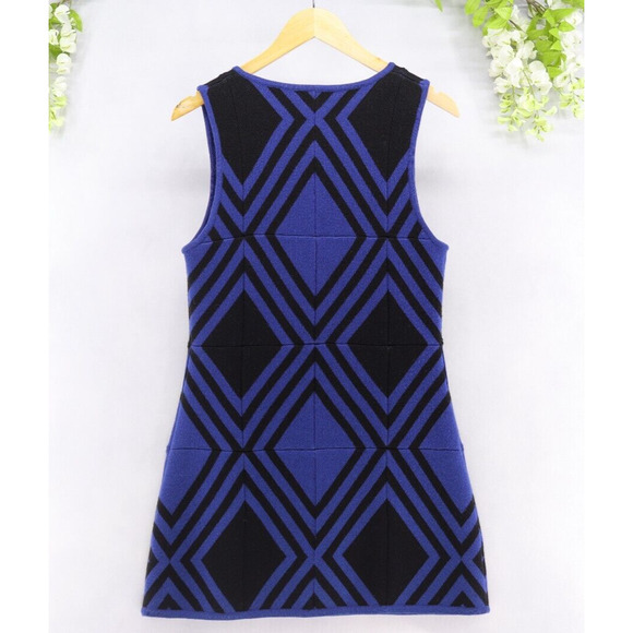 Alice+Olivia Women's Retro Mini Sweater Dress Geometric Blue Black Wool Sz M - Picture 2 of 8